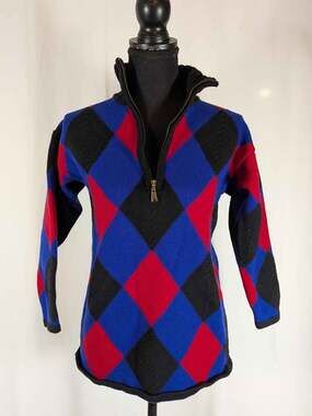 Classiques Entier Womens XS 100% Merino Wool Blue Red Argyle Quarter Zip Sweater